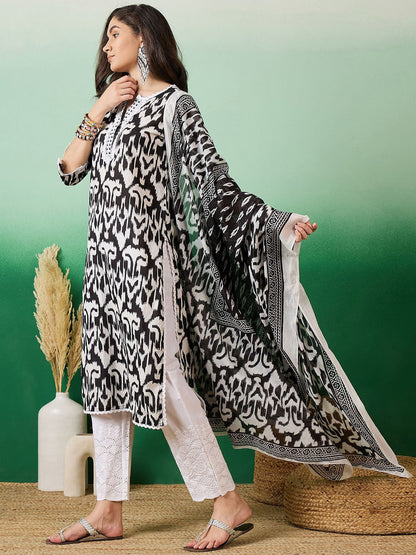 Notch Neck Printed Pure Cotton Kurta With Trousers & Dupatta