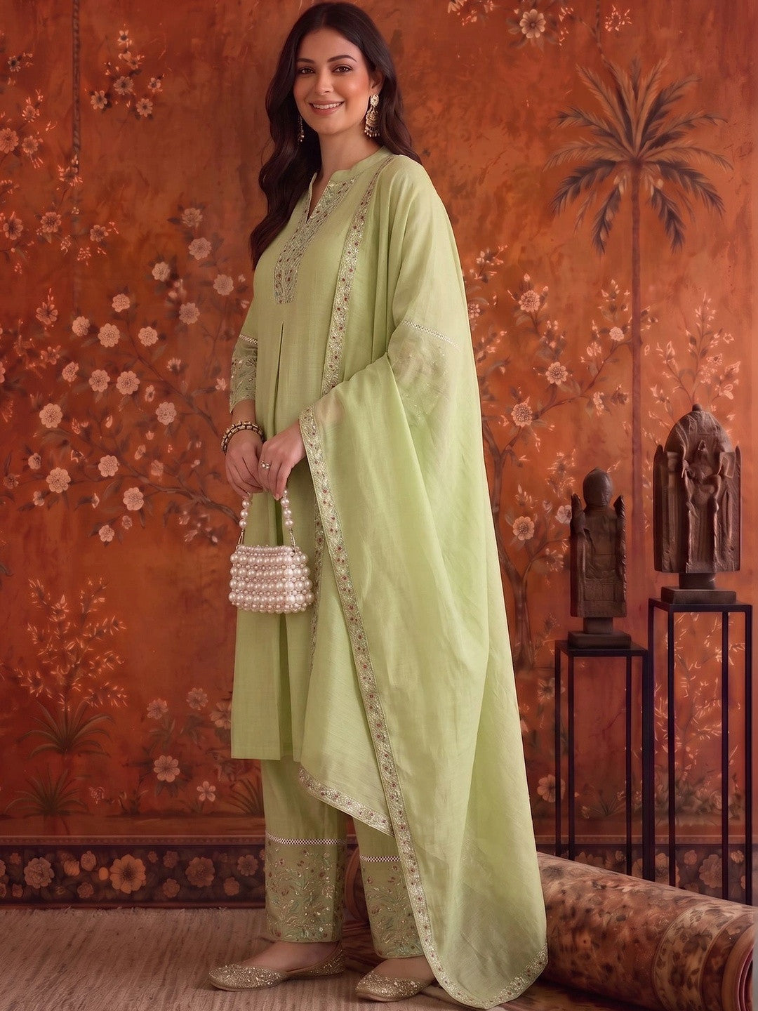 Embroidered Mandarin Collar Kurta & Trousers With Dupatta