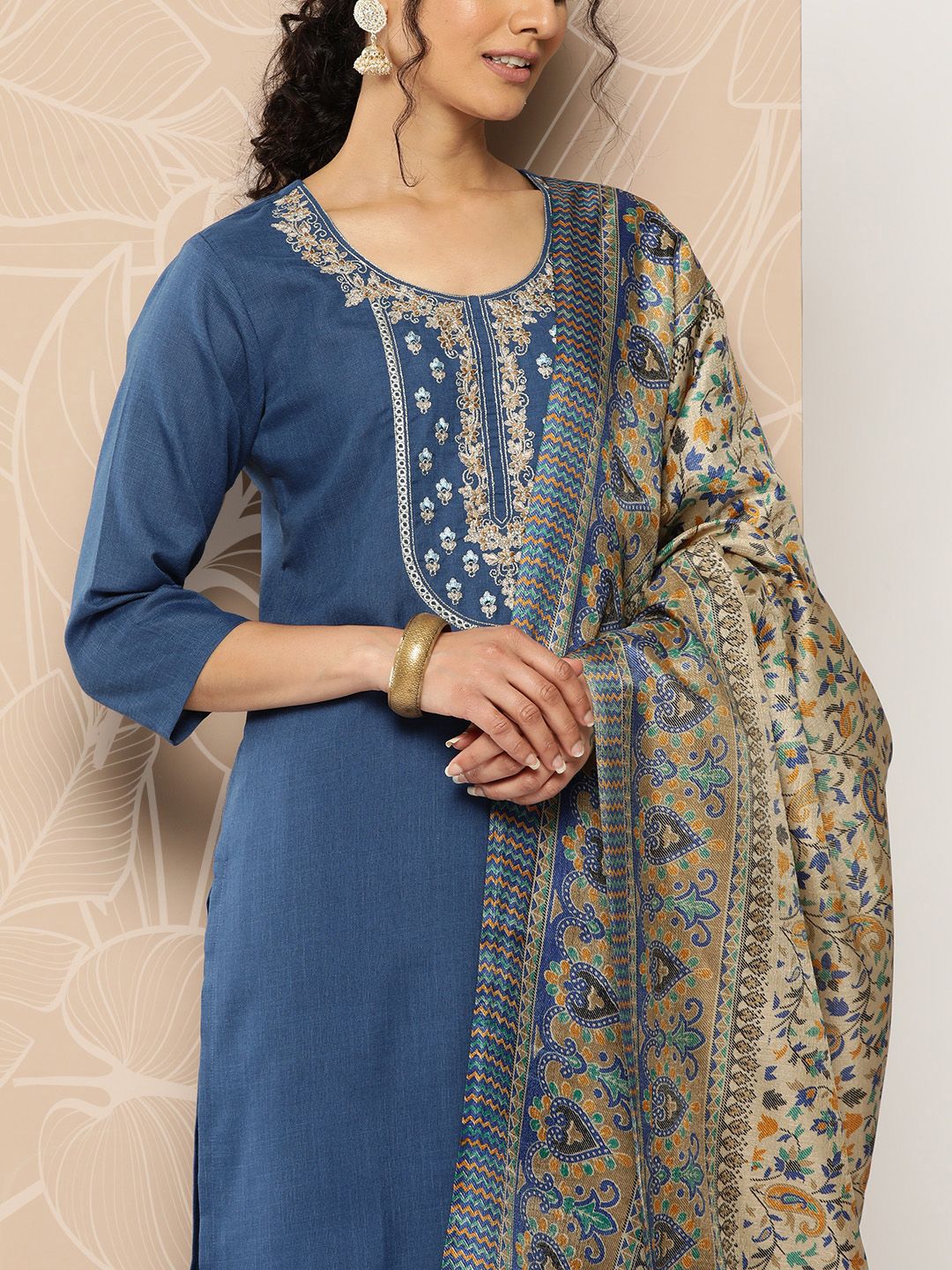 Blue Blue Yoke Embroidered Kurta with Trouser and Dupatta