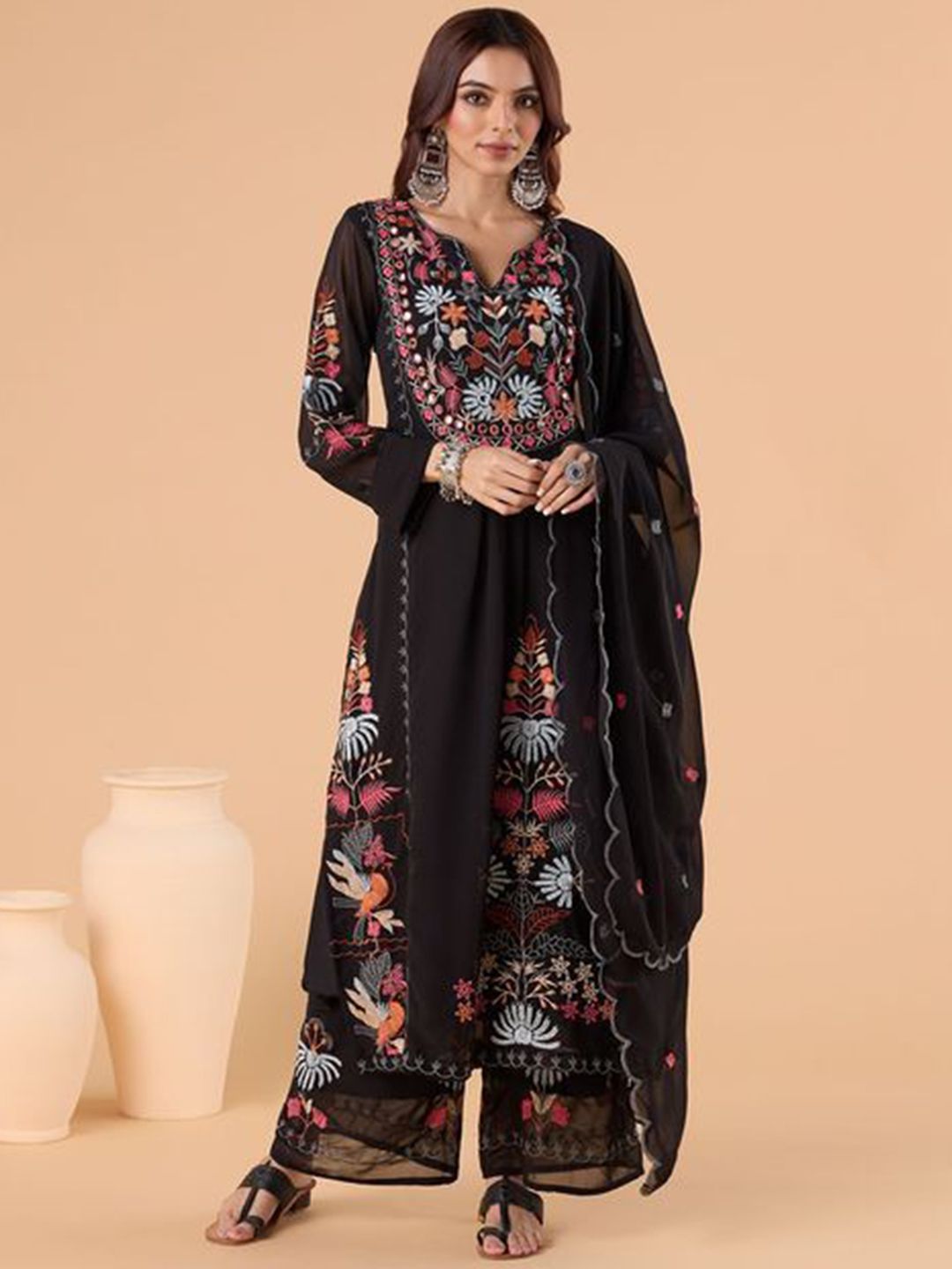 Dhiyona KL Floral Embroidered Notched Neck Thread Work Straight Kurta With Palazzos & Dupatta