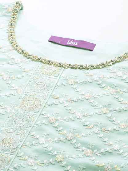 Dhiyona LL Floral Embroidered Beads & Stones Kurti with Palazzos & Dupatta