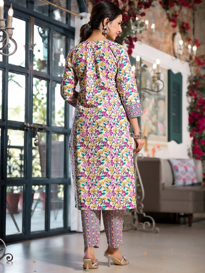 Dhiyona KL Floral Printed Regular Mirror Work Pure Cotton Kurta With Trousers & Dupatta