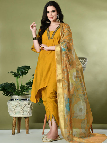 Square Neck Flared Sleeves High-Low A-Line Fusion Kurta With Dhoti Pant & Dupatta