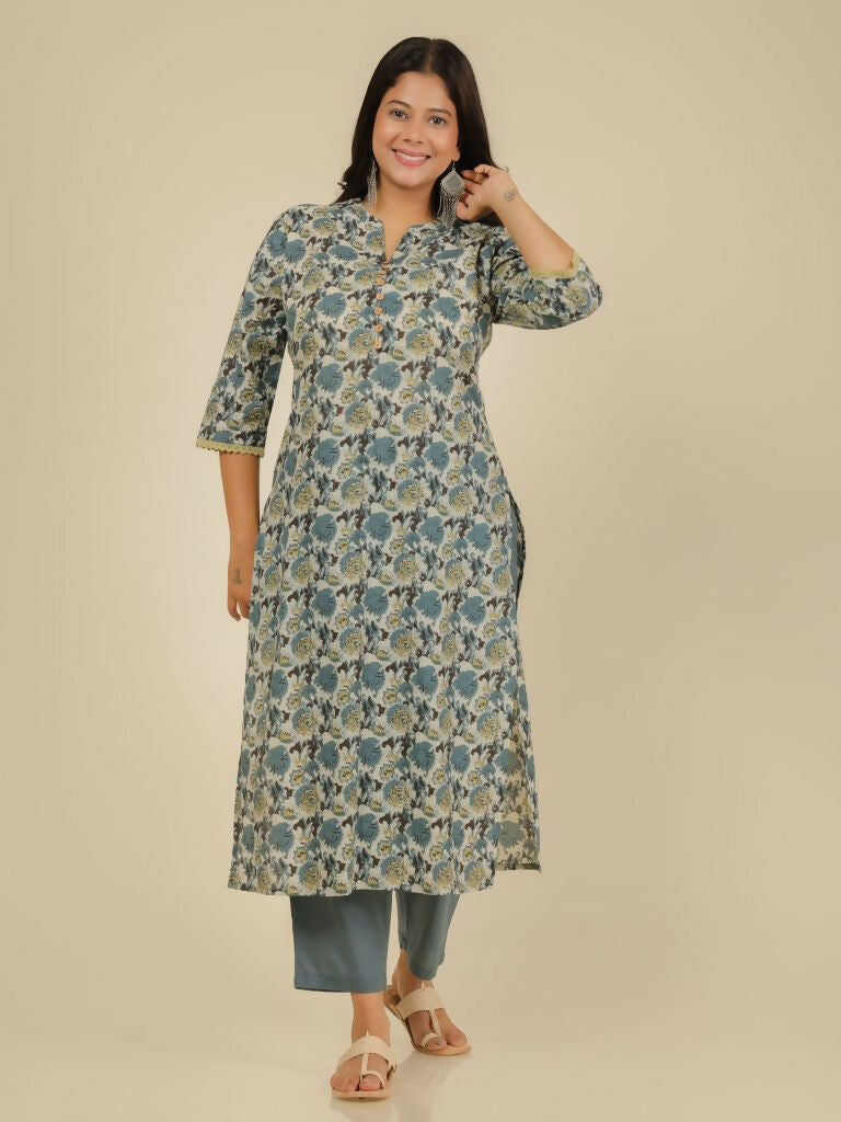 Women's Straight Soft Cotton Floral Print Women's Kurta Set - Grey