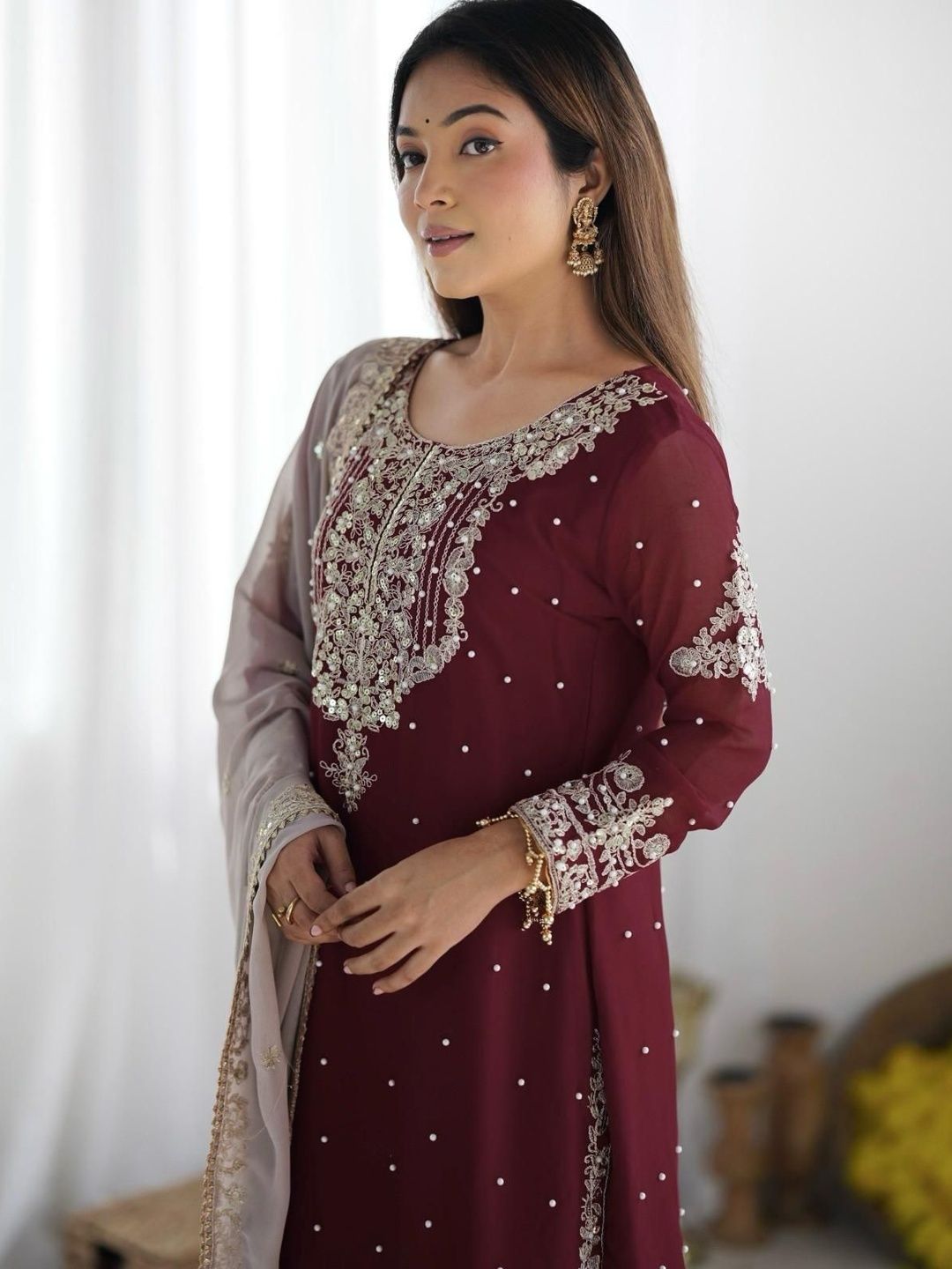 Dhiyona KL Women Ethnic Motifs Embroidered Regular Sequinned Kurta with Sharara & With Dupatta