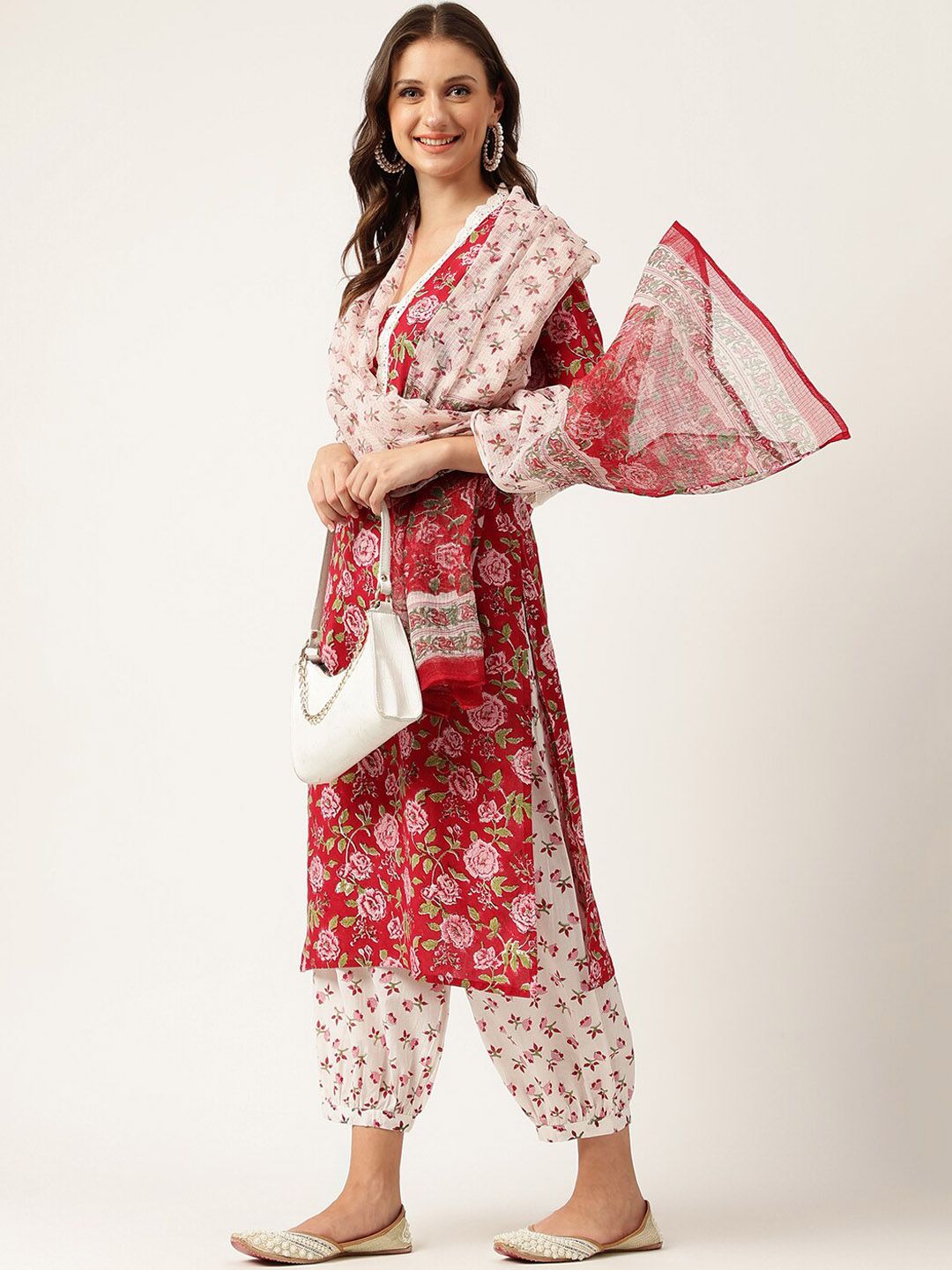 Dhiyona KL Floral Printed V-Neck Pure Cotton Kurta With Salwar & Dupatta