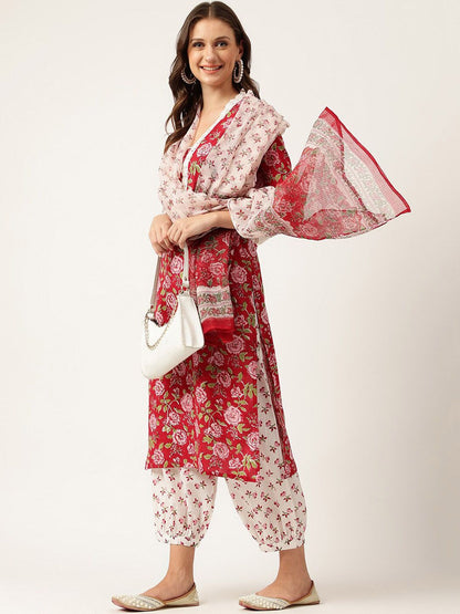 Dhiyona KL Floral Printed V-Neck Pure Cotton Kurta With Salwar & Dupatta
