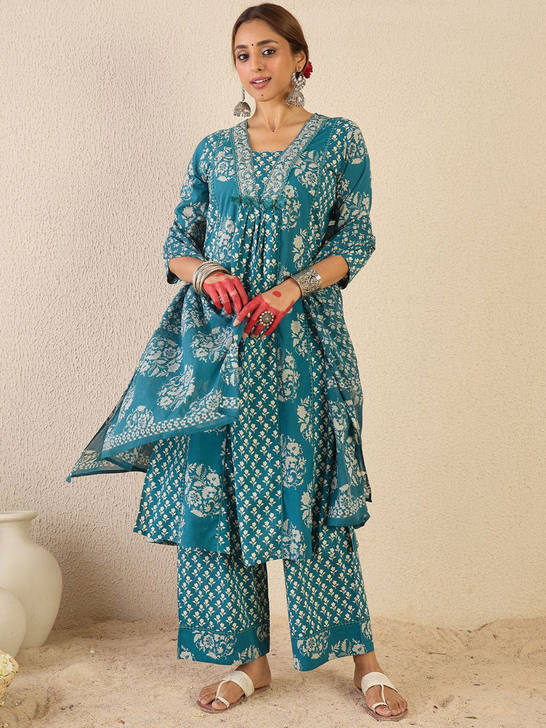 Ethnic Motifs Printed A Line Pleated Pure Cotton Kurta With Trousers & Dupatta
