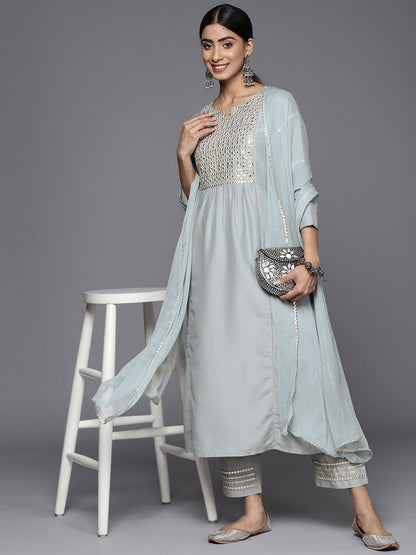 Dhiyona VA Women'sEmbroidered Empire Mirror Work Kurta With Trousers & With Dupatta
