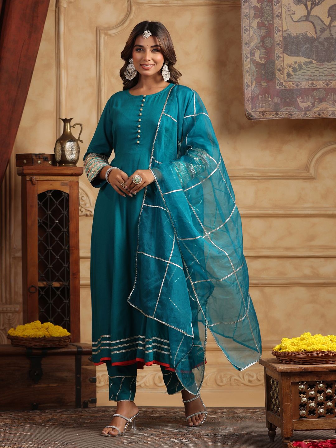 Dhiyona RR Women's Regular Gotta Patti Kurta with Trousers & Dupatta