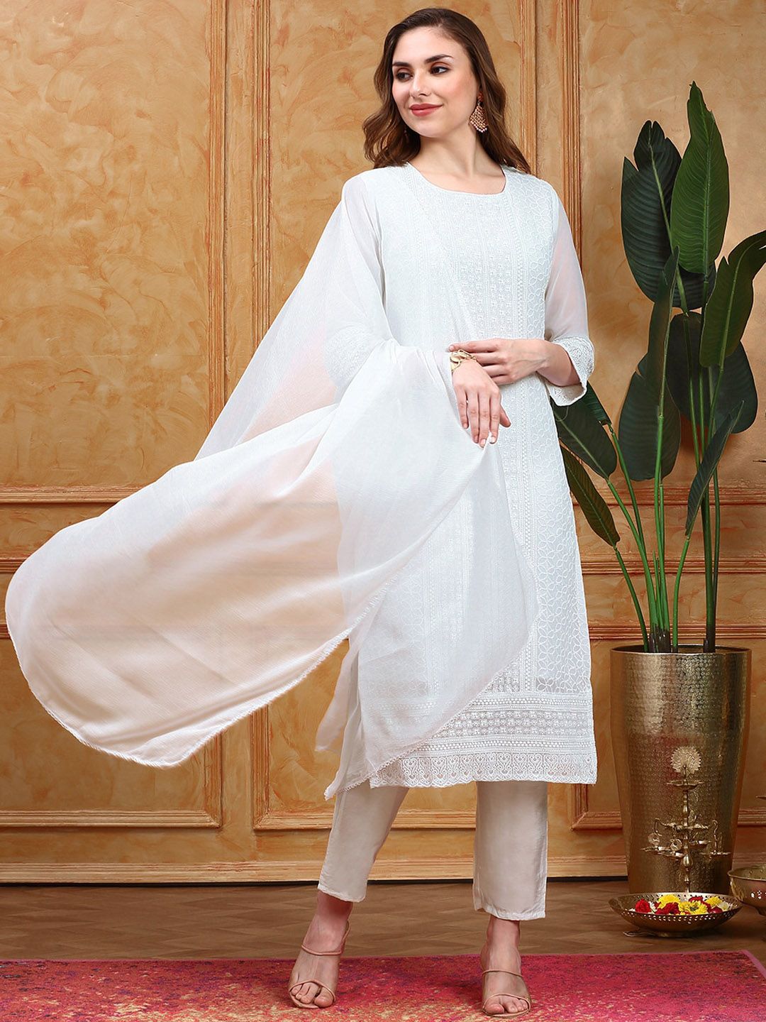 Dhiyona IS Women's Paisley Embroidered Regular Chikankari Kurta with Trousers & With Dupatta
