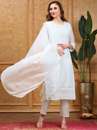 Dhiyona IS Women's Paisley Embroidered Regular Chikankari Kurta with Trousers & With Dupatta