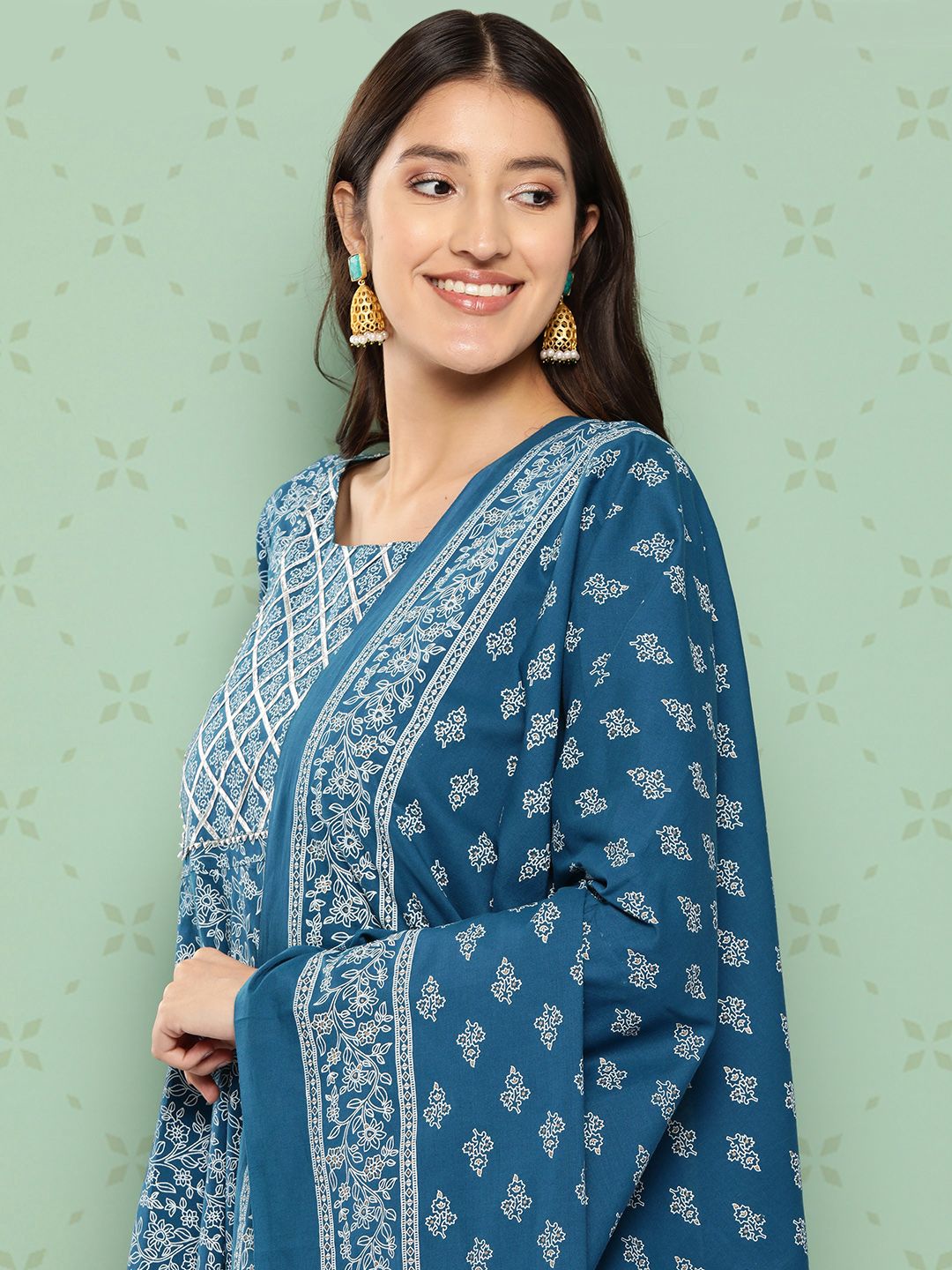 Dhiyona KL Women Ethnic Motifs Printed Empire Gotta Patti Kurta with Trousers & With Dupatta