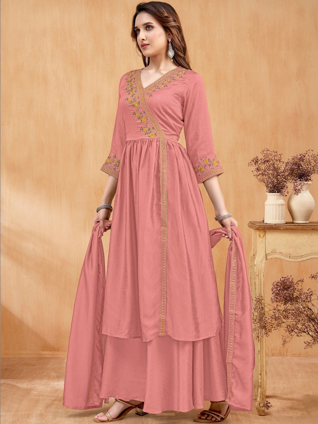 Dhiyona SN Embroidered V-Neck Kurta & Palazzos With Dupatta