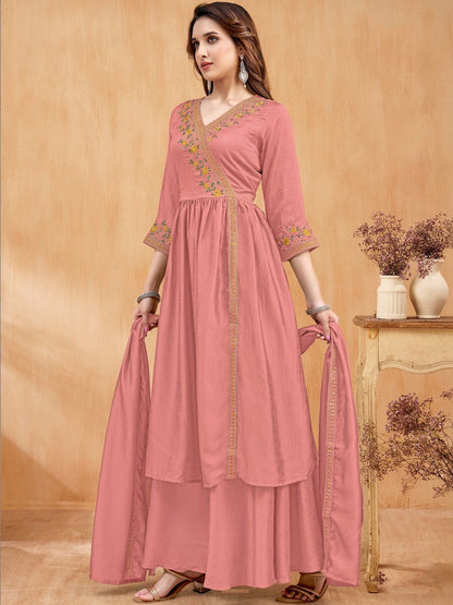 Embroidered V-Neck Kurta & Palazzos With Dupatta