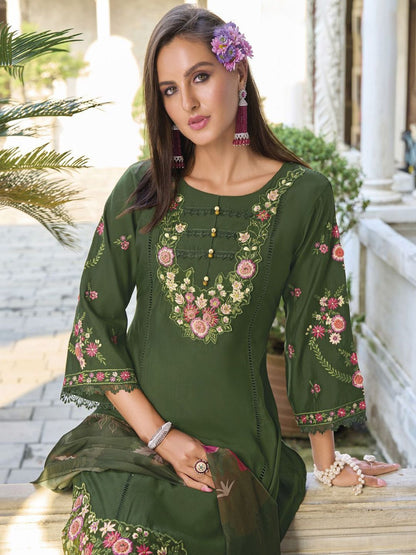 Green Floral Embroidered Thread Work Pure Cotton Straight Kurta With Trouser And Dupatta