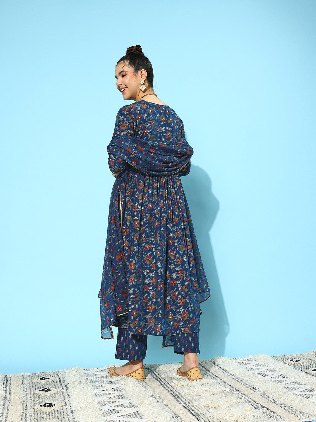 Floral Printed High Slit Gotta Patti Kurta with Trousers & Dupatta