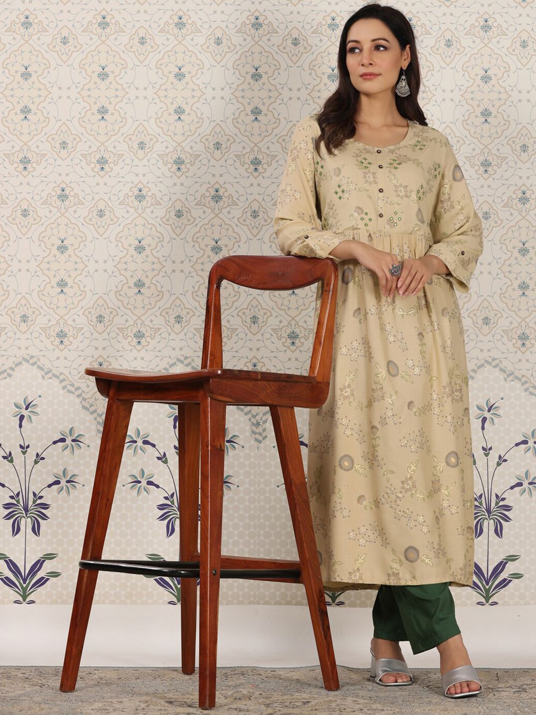 Dhiyona OD  Ethnic motifs Printed Mirror Work Detailed A-Line Kurta