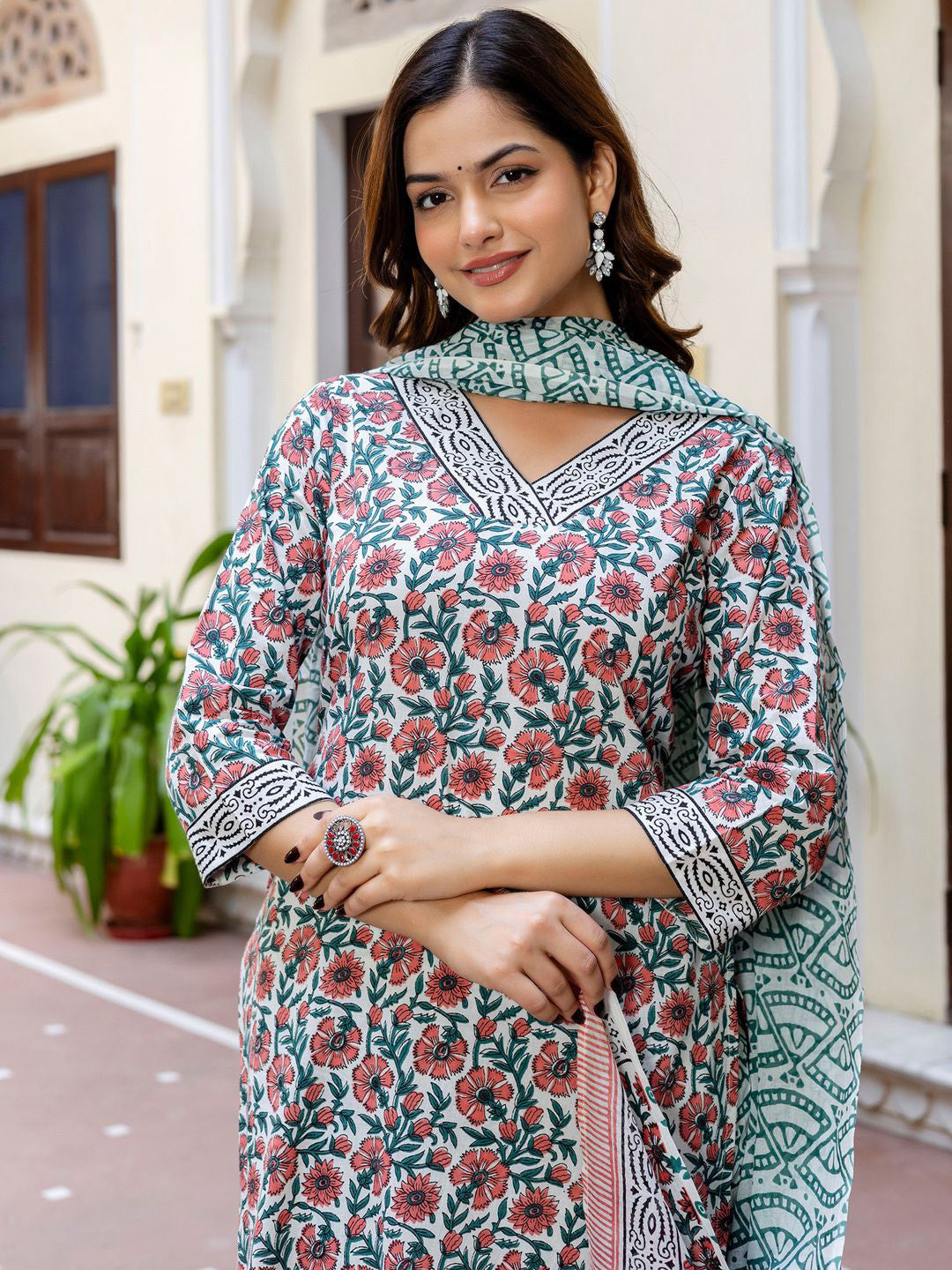Floral Printed V-Neck Pure Cotton Straight Kurta With Palazzo And Dupatta