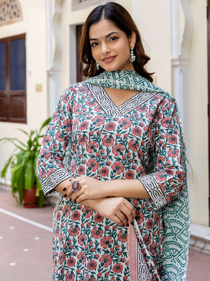 Floral Printed V-Neck Pure Cotton Straight Kurta With Palazzo And Dupatta
