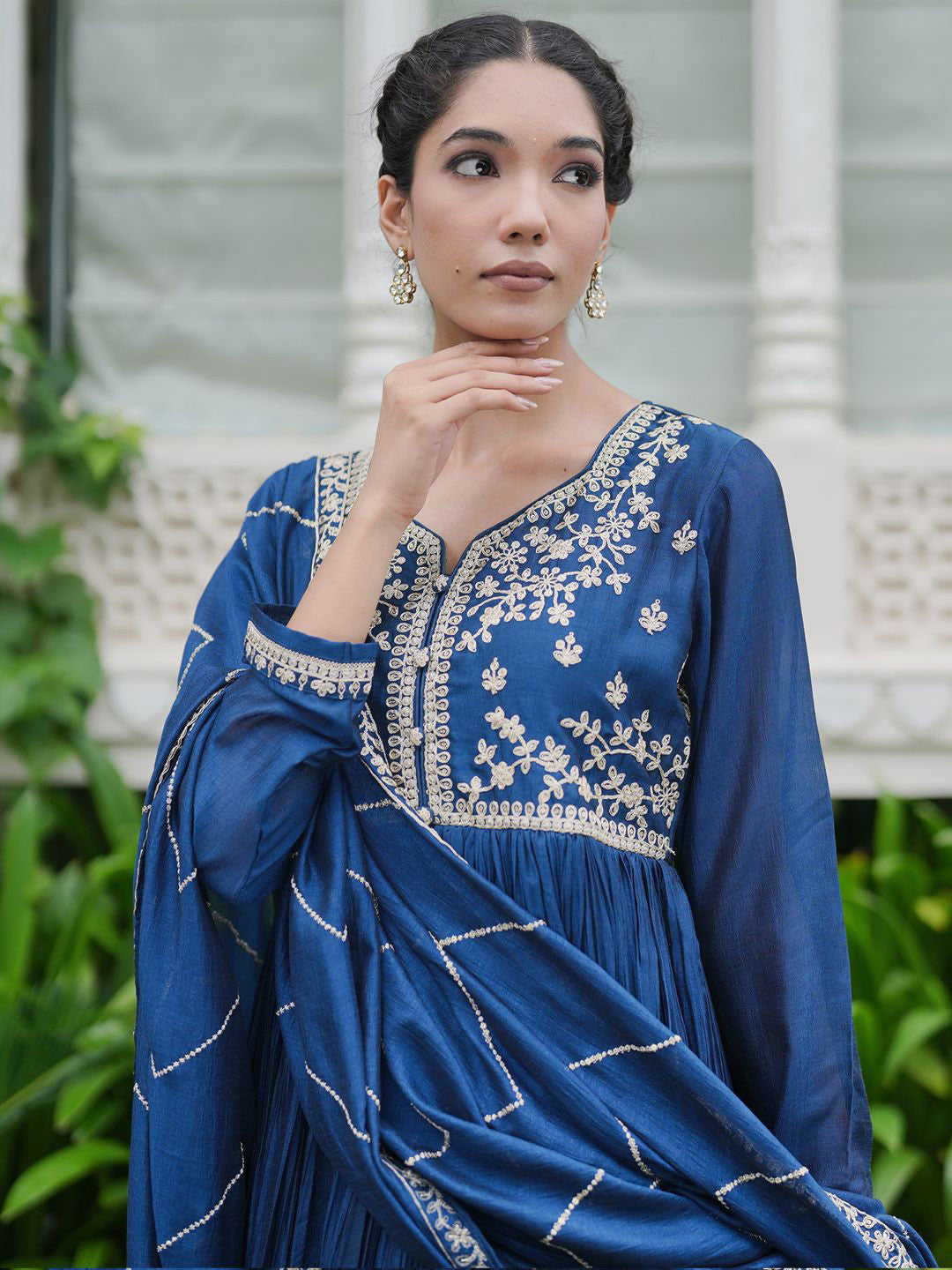 Women Floral Embroidered Pleated Kurta with Trousers With Dupatta