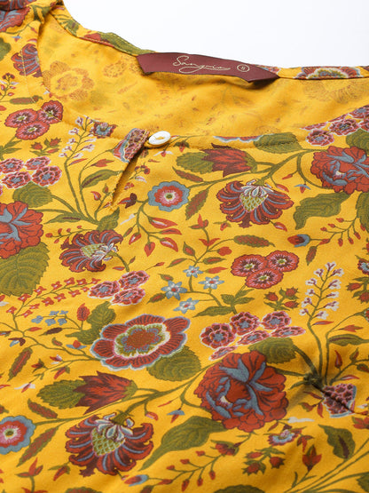 Women Mustard Yellow & Maroon Motifs Print Straight Kurta with Trousers
