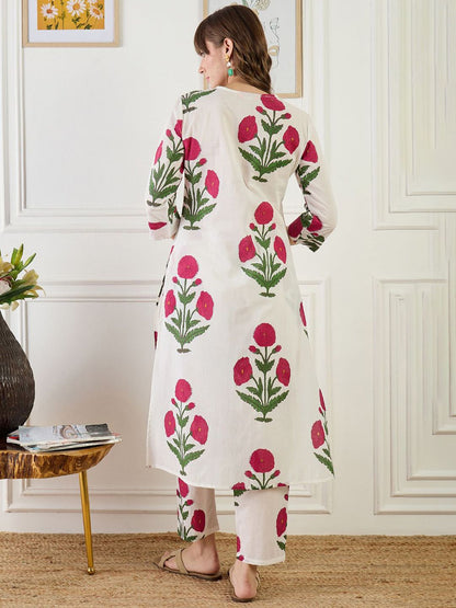 Floral Printed V-Neck Pure Cotton A-Line Kurta With Trouser