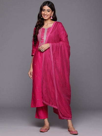 Ethnic Motifs Embroidered Regular Sequinned Kurta with Trousers & Dupatta