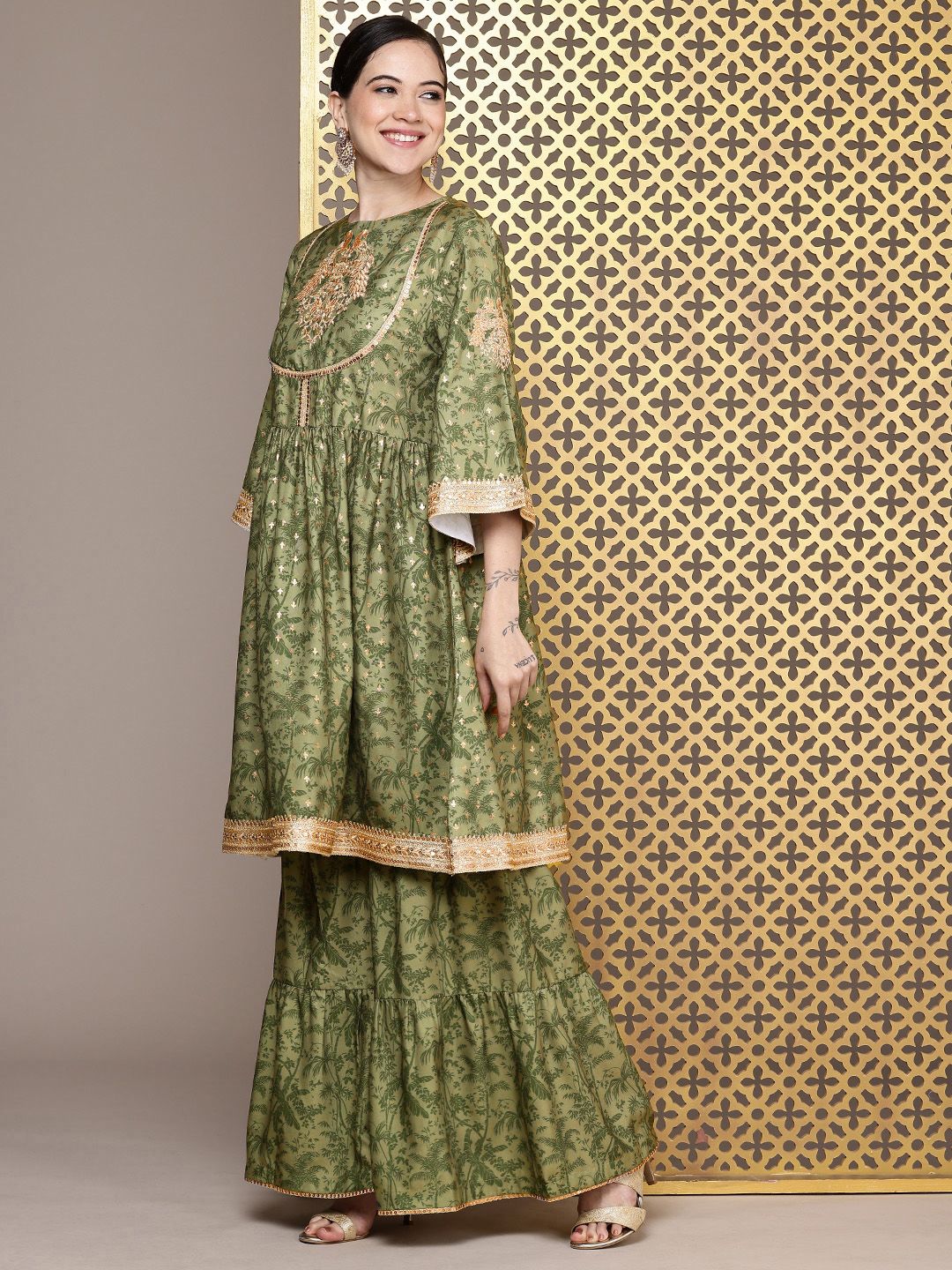 Dhiyona HOP Floral Printed Regular Sequinned Jashn Kurta with Sharara & Dupatta