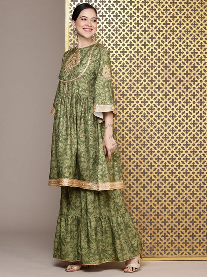 Dhiyona HOP Floral Printed Regular Sequinned Jashn Kurta with Sharara & Dupatta