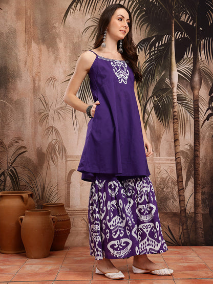 Ethnic Motifs Print Strappy Pure Cotton Kurta with Sharara & Dupatta