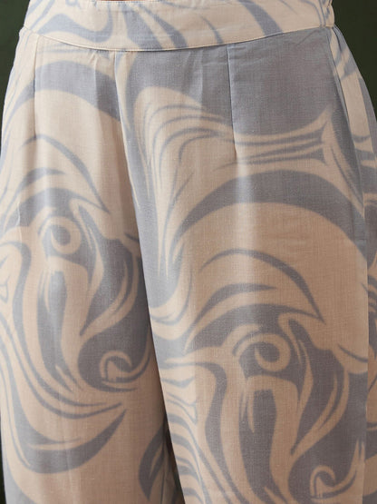 Blue Abstract Printed V-Neck Schiffli Work Anarkali Kurta With Trousers & Dupatta