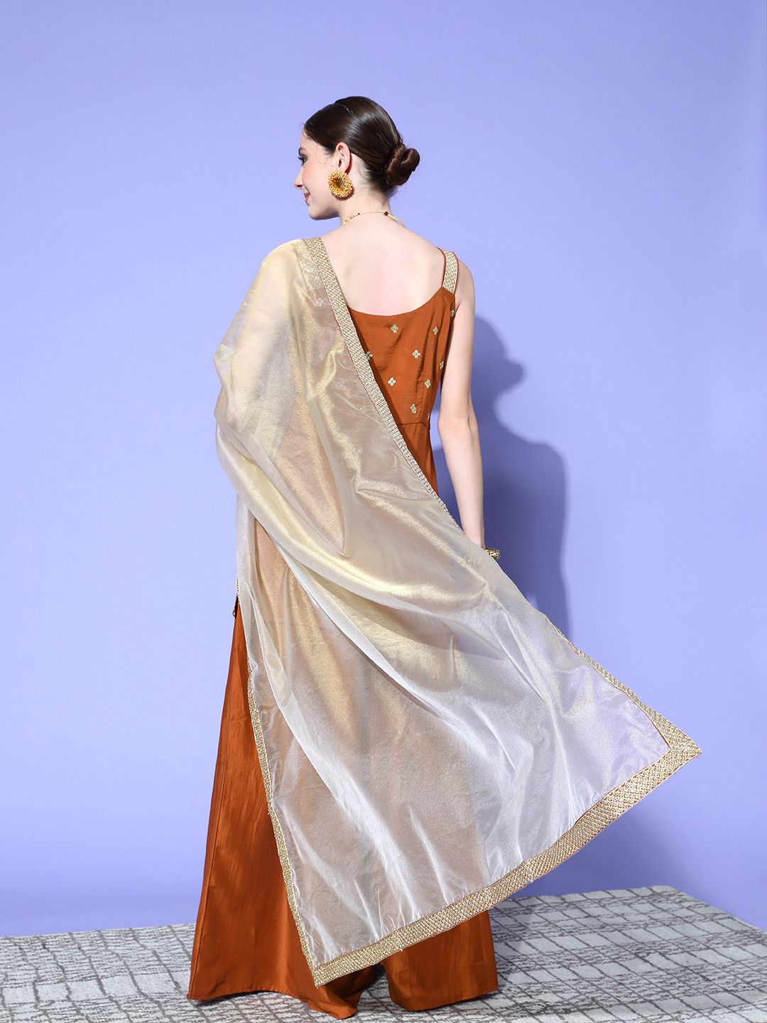 Dhiyona IN Women Rust Ethnic Motifs Embroidered Regular Kurta with Palazzos & With Dupatta