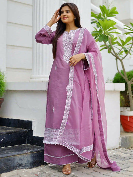 Women's LB Mauve Embroidered Silk Blend Straight Suit With Dupatta