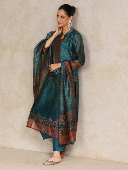 Teal Women Printed Regular Chanderi Silk Kurta with Trousers & With Dupatta