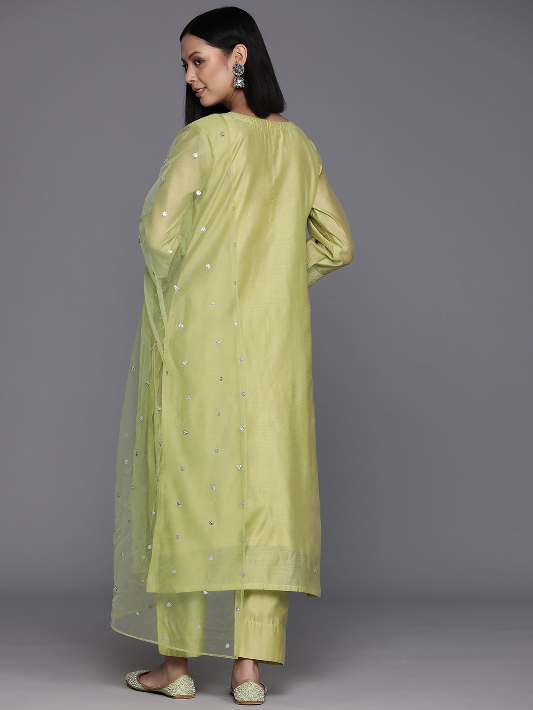 Green Floral Embroidered Regular Chanderi Silk Kurta with Trousers & Dupatta