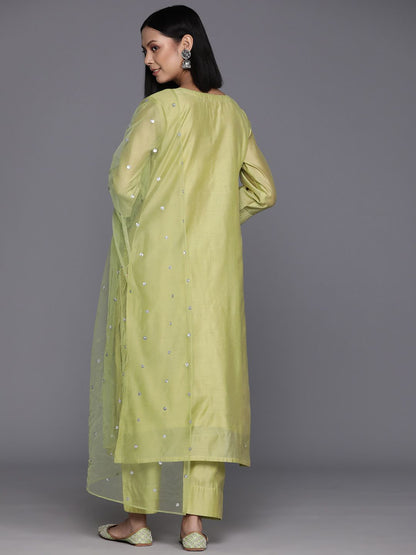 Green Floral Embroidered Regular Chanderi Silk Kurta with Trousers & Dupatta