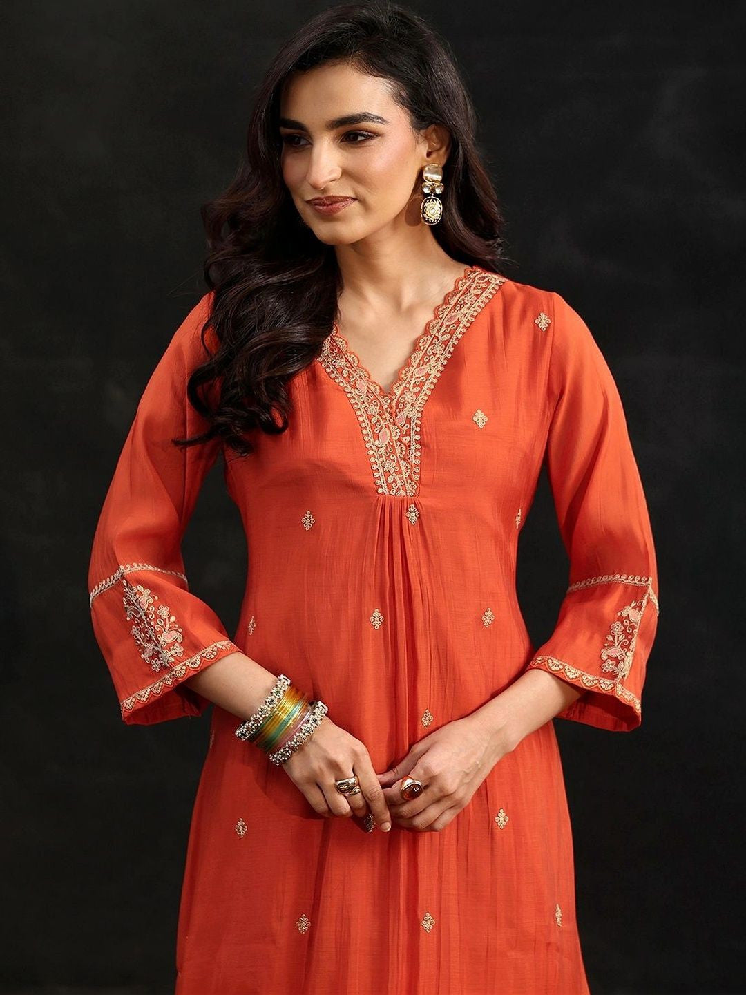 Orange Embroidered Chanderi Cotton A-Line Suit Set