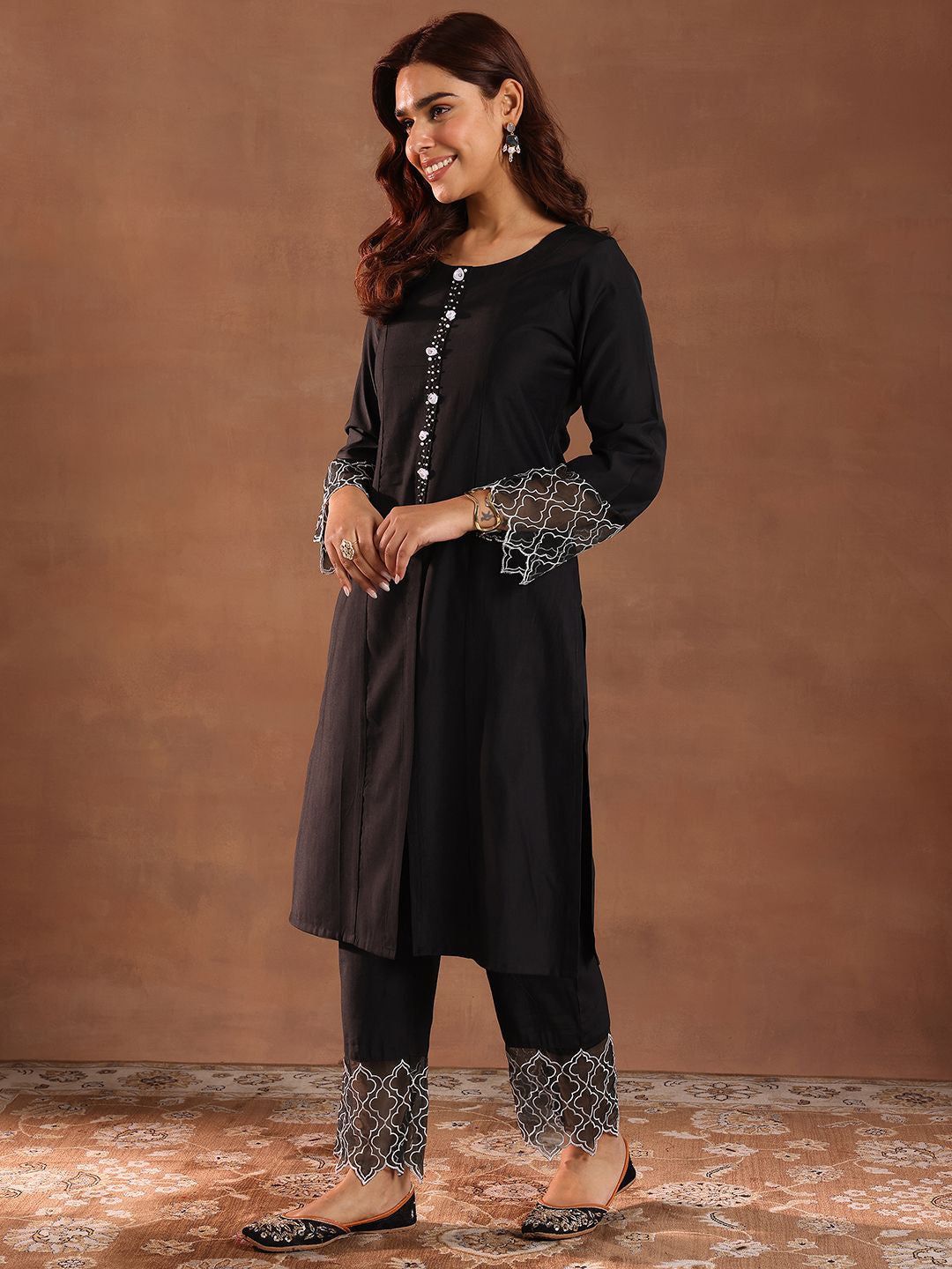 Round Neck Panelled Beads Work Straight Kurta With Trousers & Dupatta