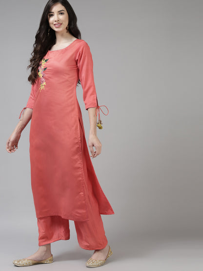Women Pink Ethnic Motifs Embroidered Kurta with Palazzos & With Dupatta