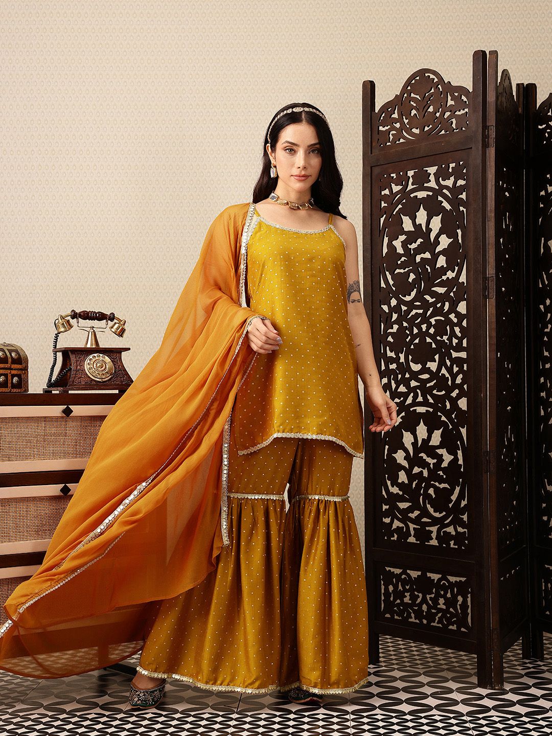Dhiyona HOP Polka Dotted Sequinned Jashn Kurti with Sharara & With Dupatta