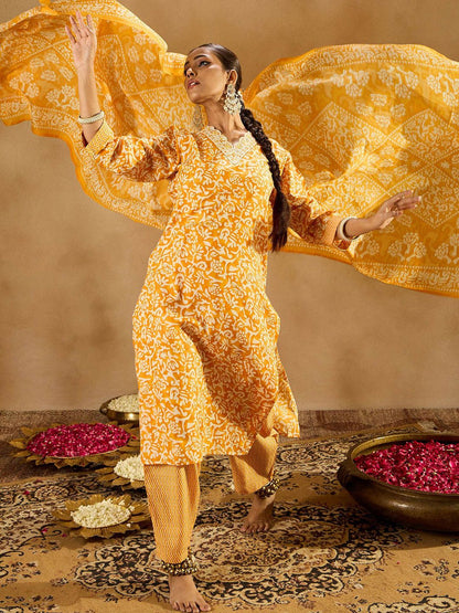 Dhiyona IE Floral Printed Thread Work Straight Kurta With Trousers & Dupatta