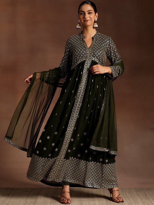 Ethnic Motifs Embroidered Georgette Sequinned A-Line Kurta Set