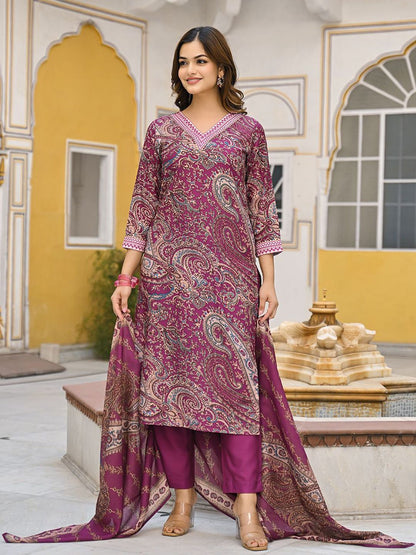Dhiyona KL Women Paisley Printed V-Neck Straight Kurta with Trousers & With Dupatta