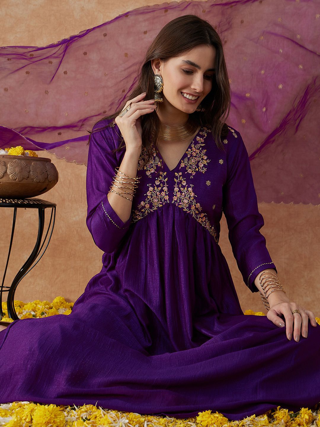 Dhiyona SN Women's Alia Cut Ethnic Motifs Embroidered Anarkali Kurta With Palazzo & Dupatta Set