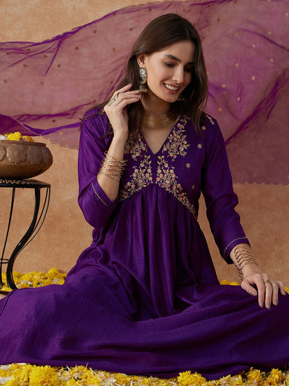 Dhiyona SN Women's Alia Cut Ethnic Motifs Embroidered Anarkali Kurta With Palazzo & Dupatta Set