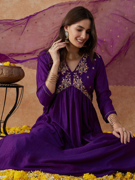 Dhiyona SN Women's Alia Cut Ethnic Motifs Embroidered Anarkali Kurta With Palazzo & Dupatta Set