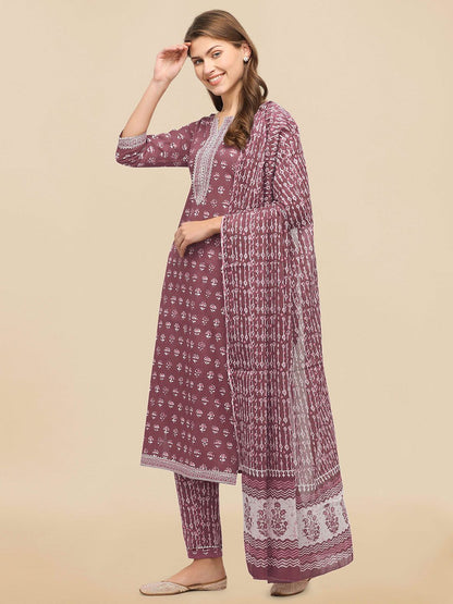 Dhiyona KL Women Pink & Off-White Printed Kurta with Trousers & Dupatta