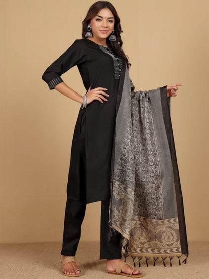 Black Thread Work Notch Neck Straight Kurta With Trousers And Dupatta