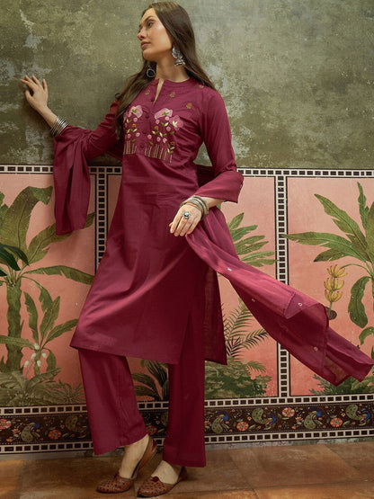 Embroidered Pure Cotton Mandarin Collar Kurta & Trousers With Dupatta